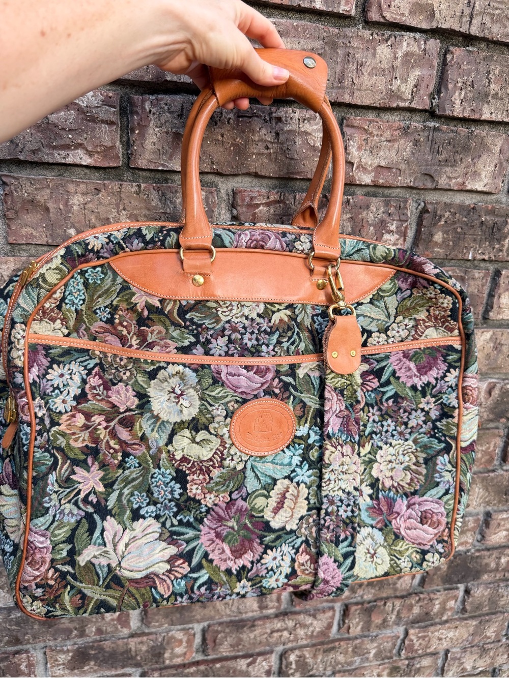 Belgian Art Floral Tapestry Leather Travel Weekender Bag 18" Vintage